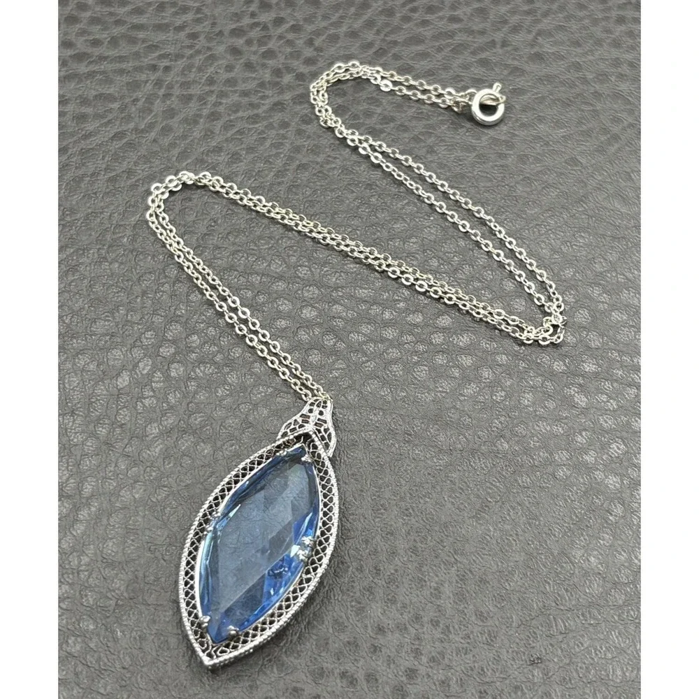 Vintage Czech Antique Blue Faceted Glass Marquise Drop Pendant Necklace 18